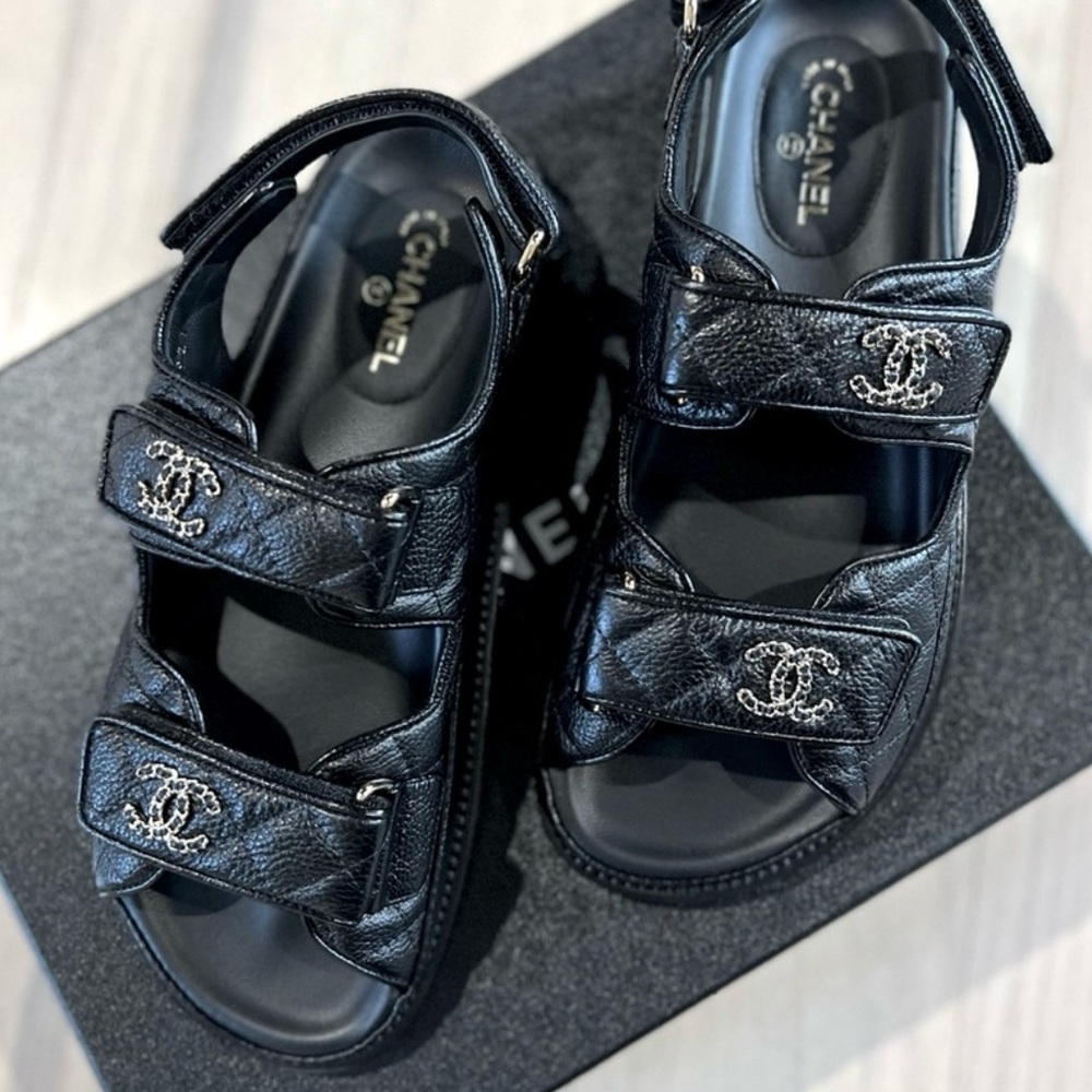 CHANEL Black Leather Sandals with Logo Accents